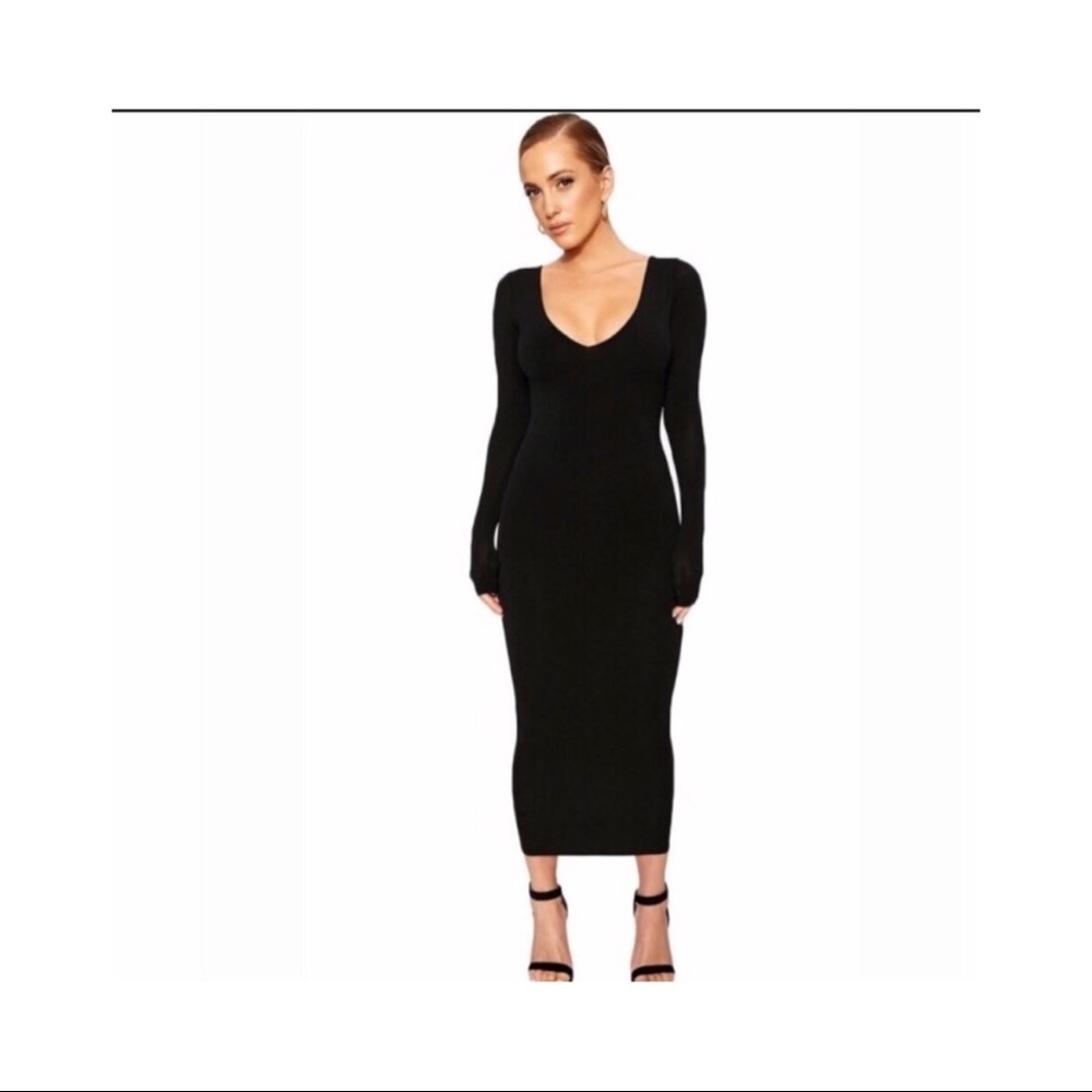 Naked Wardrobe Long Sleeve V- Neck MIDI DRESS